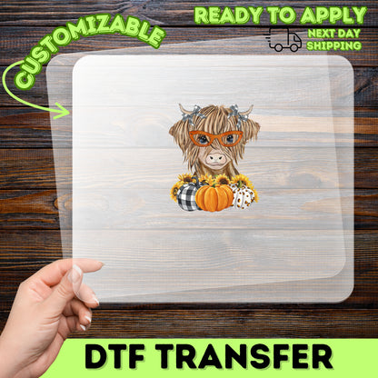 Quirky Highland Cow with Glasses Fall DTF Transfer | Cute Farmhouse Pumpkin Sunflower Iron-On for Family Sweatshirts