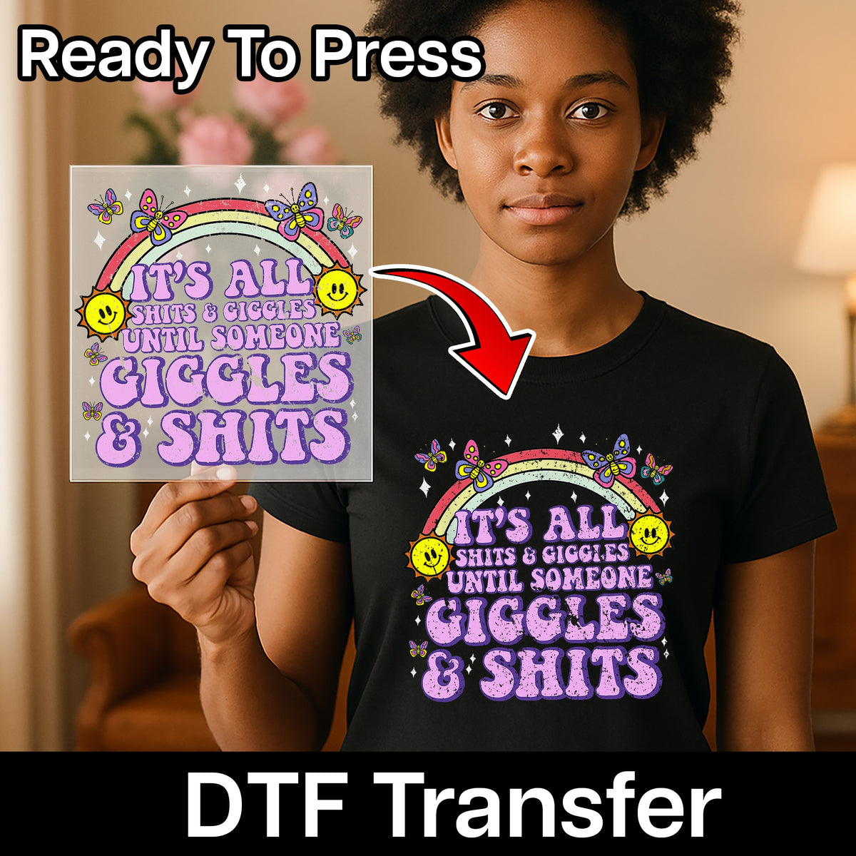 Funny Group DTF Transfer Ready To Press Retro T-Shirt Design for Matching Party Apparel - It's All Shits & Giggles, Quirky Humor