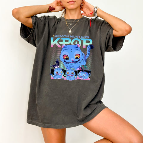 Cute K-pop Demon Hunters Blue Cat DTF Transfer for Trendy Anime Fans Apparel T-Shirt Sweatshirt Teens