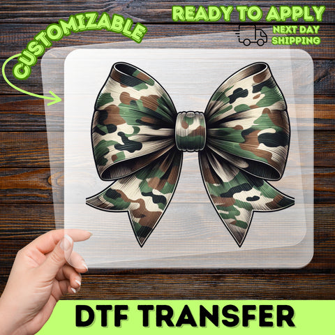 Camo Bow Cute DTF Transfer for Military Family & Outdoor Enthusiasts, Army Theme Ready To Press Iron-On Apparel Gift