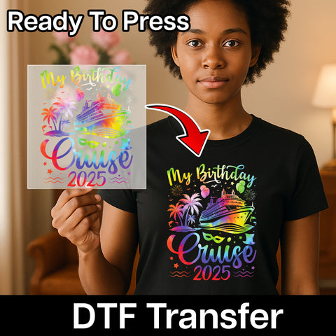 Birthday Cruise Party DTF Transfer for Family & Friends | Vibrant Cruise Ship, Palm Trees, Fireworks, & Balloons Iron-On Design