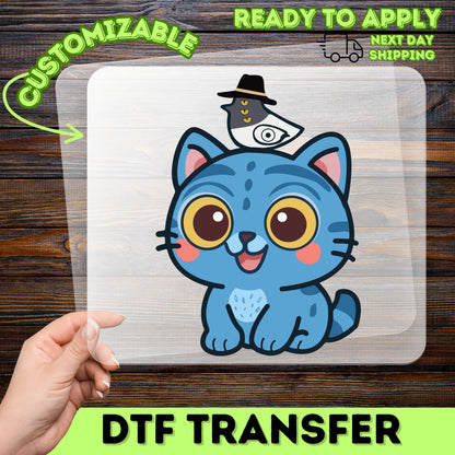 Cute Blue Cat & Bird Hat DTF Transfer for Kids & Family Apparel, Ready to Press Iron-On for Animal Lovers, Matching Event Shirts