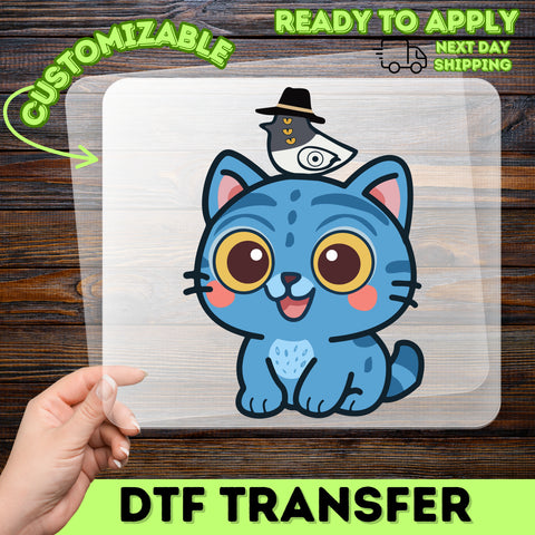 Cute Blue Cat & Bird Hat DTF Transfer for Kids & Family Apparel, Ready to Press Iron-On for Animal Lovers, Matching Event Shirts