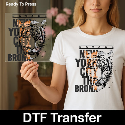 Iron-On DTF Transfer for New York City Urban Wildlife Bronx Pride T-Shirt, Bold Tiger Graphic, Trendy Animal Lover Apparel