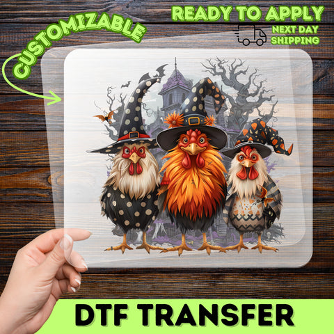 Funny Halloween Chicken Witch Hat DTF Transfer Iron-On for Farm Lover T-Shirt Ready to Press Spooky Holiday Apparel