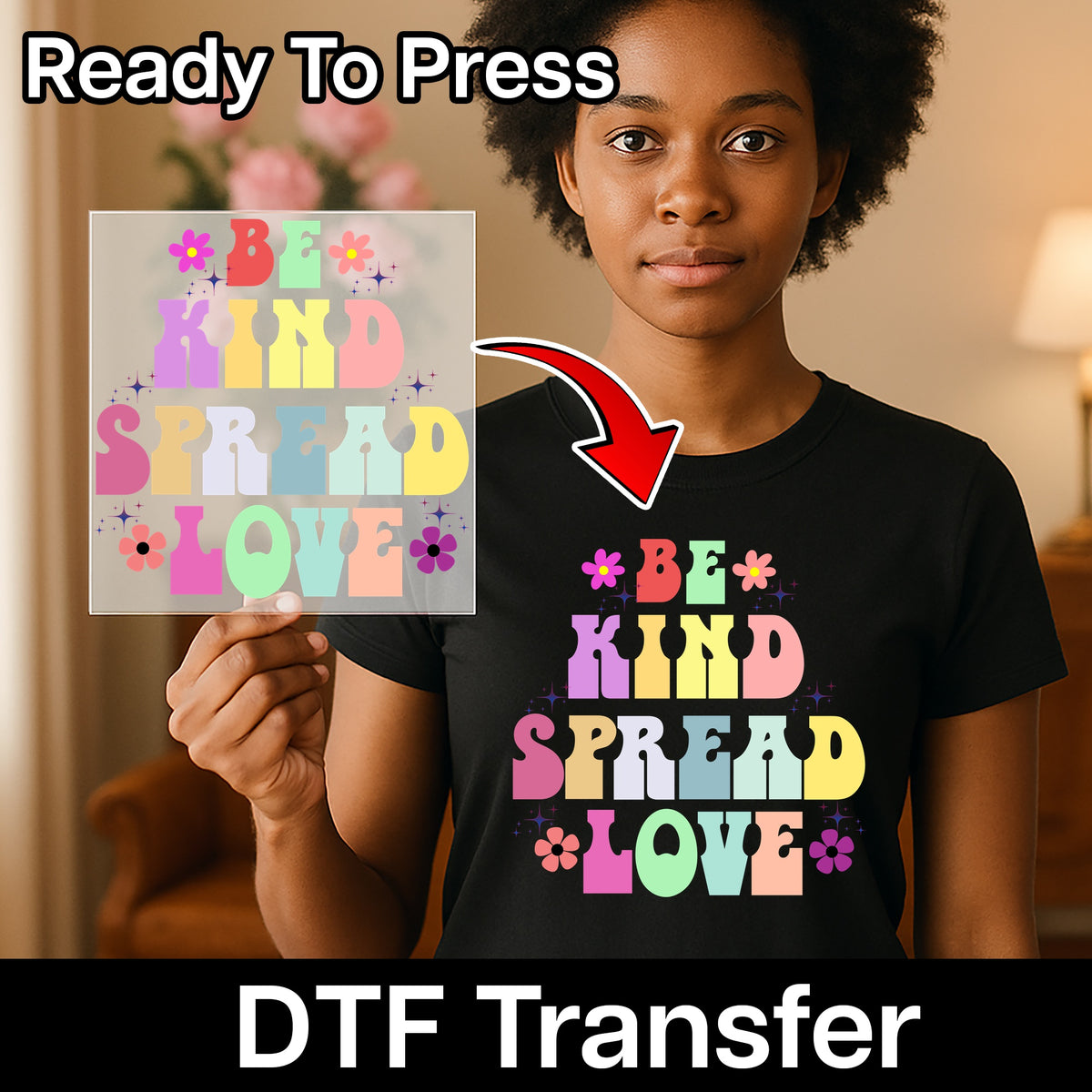 Retro Be Kind Spread Love DTF Transfer for T-Shirts - Floral Groovy Apparel for Community Events & Family Reunions