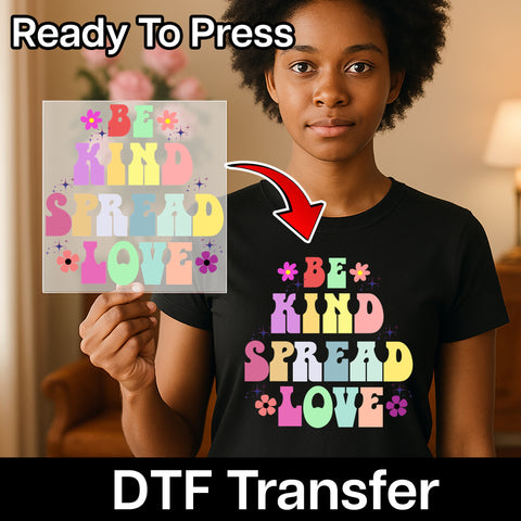 Retro Be Kind Spread Love DTF Transfer for T-Shirts - Floral Groovy Apparel for Community Events & Family Reunions
