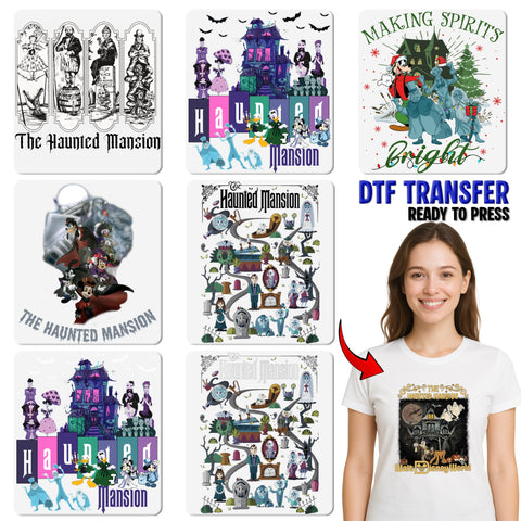Iron-On Haunted Mansion Halloween DTF Transfer - Spooky Ghost Theme Retro Gothic Apparel for Halloween Parties