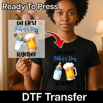 Funny Father’s Day dtf transfer Ready To Press Iron-On, Baby Bottle & Beer Mug Cartoon for Dads, New Dad T-shirt or Sweatshirt Gift