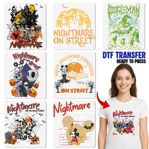 Cute Halloween Iron-On DTF Transfer for T-shirt Ready To Press Nightmare on Main Street Family Party Spooky Pumpkin Design