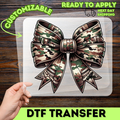 Camouflage Bow DTF Transfer for Outdoor Enthusiasts & Military Families - Realistic Army Green Nature Print for Apparel