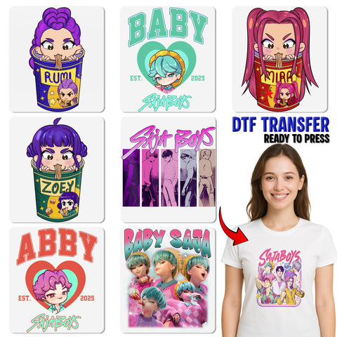 Futuristic Anime Group DTF Transfer Ready To Press for Teen T-Shirts & Apparel - Cute Neon Character Design