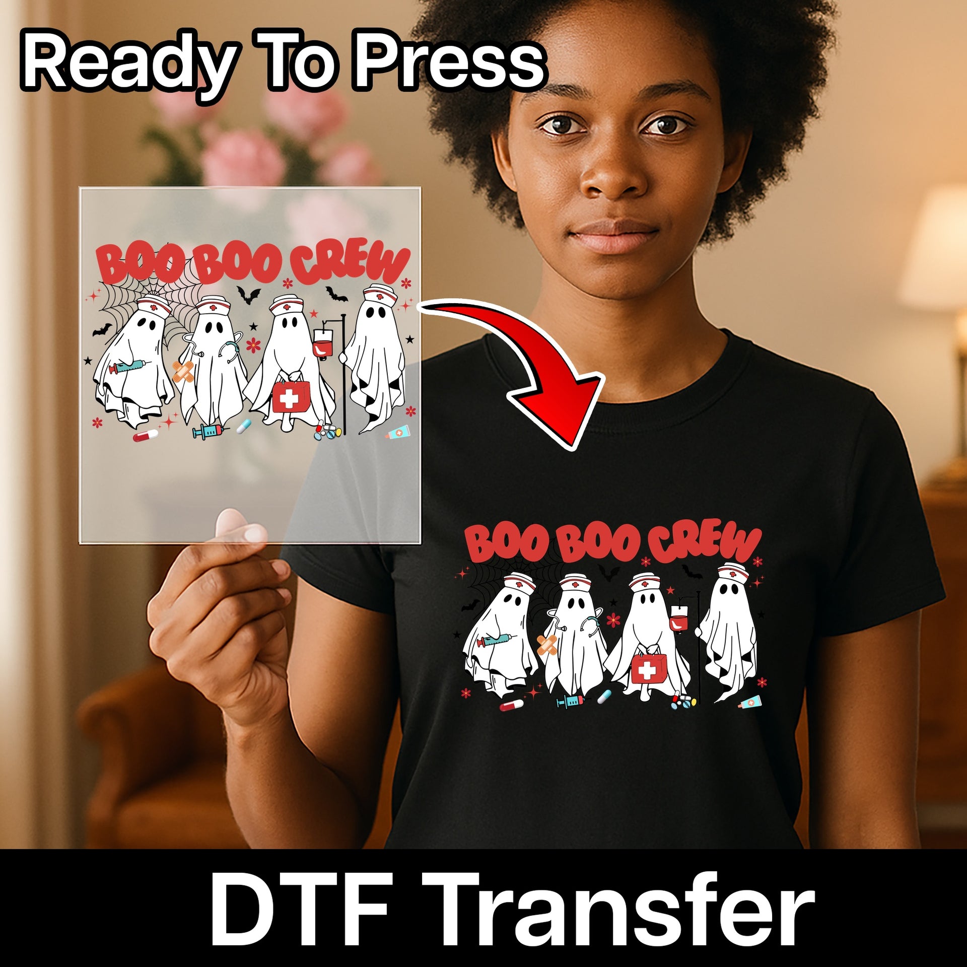 Cute Boo Boo Crew Medical Staff Halloween DTF Transfer Iron-On Funny Ghost Nurse T-Shirt Ready To Press Apparel