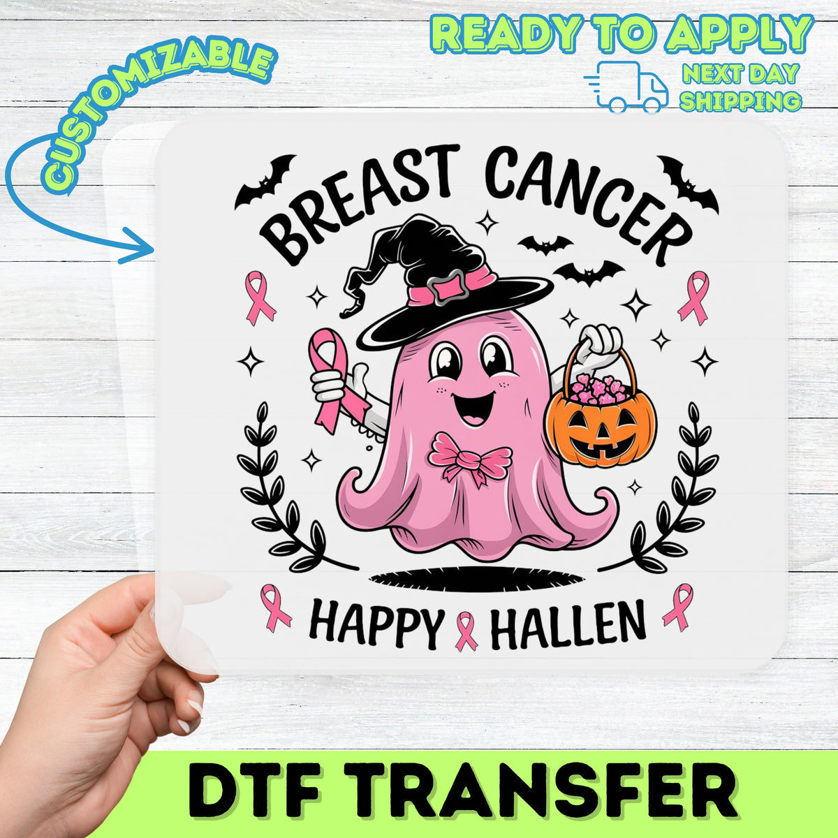Cute Pink Ghost Breast Cancer Awareness Halloween DTF Transfer for Women's Shirt - Ready To Press Iron-On Design