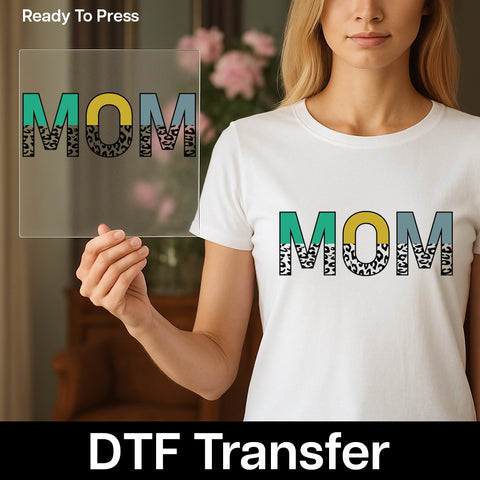Stylish & Bold 'MOM' Leopard Print DTF Transfer Ready to Press for Mother's Day Shirts, Funny Modern Mom Group Apparel