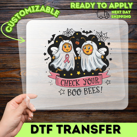Funny Halloween Boo Bees DTF Transfer Iron-On for Women Shirt Breast Cancer Awareness Cute Ghost Theme
