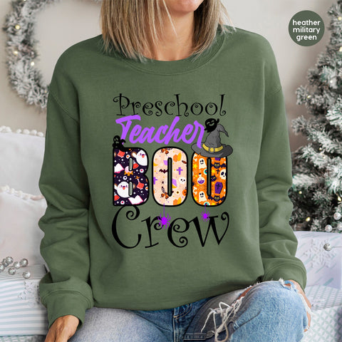Cute Halloween Teacher Boo Crew DTF Transfer, Preschool Teacher Shirt Design, Ready To Press Iron-On for Halloween Apparel
