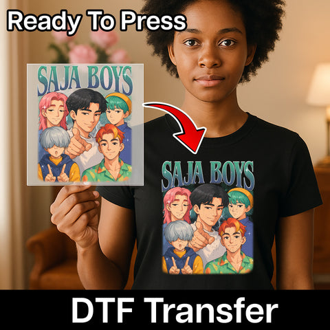 Vibrant SAJA BOYS Anime-Inspired DTF Transfer for Youth Group Fun and Cute Iron-On Graphic Tee Apparel Ready To Press