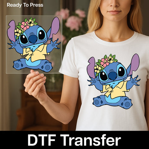 Cute Blue Creature Tropical Holiday DTF Transfer Ready To Press Iron-On for Family Vacation T-Shirt & Apparel