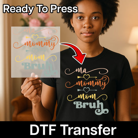 Funny Mother's Day Humor DTF Iron-On Transfer for Family Matching Shirts - 'Ma Mommy Mom Bruh' Ready to Press Apparel Gift