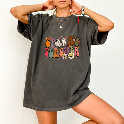 Ready to Press Spooky Teacher Halloween DTF Transfer Ghost & Retro Floral Apparel for Fun Classroom Vibes
