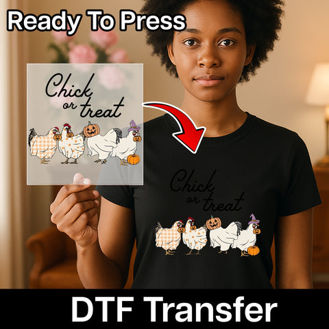 Cute Halloween Chick or Treat DTF Transfer Iron-On for Funny Farm Animal T-Shirt & Sweatshirt Halloween Apparel