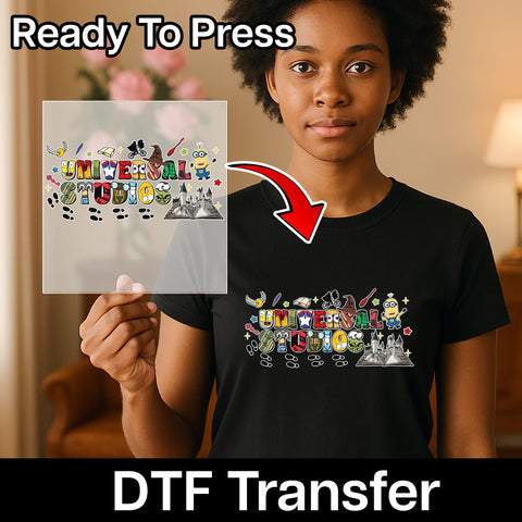 Iron-On Pop Culture Cartoon Collage DTF Transfer for Movie Fans & Universal Studios Film Theme T-Shirt & Family Group Fun