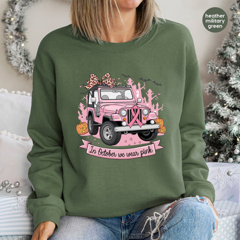 Cute Pink Jeep Halloween DTF Transfer Breast Cancer Awareness Iron-On for Women's T-Shirt Fun Spooky Group Costume