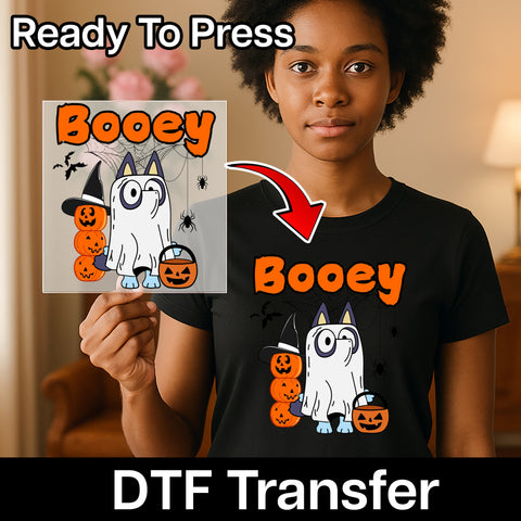 Cute Ghost Dog Halloween DTF Transfer Iron-On Ready For Funny Kids & Dog Lovers Pumpkin T-shirt & Sweatshirt