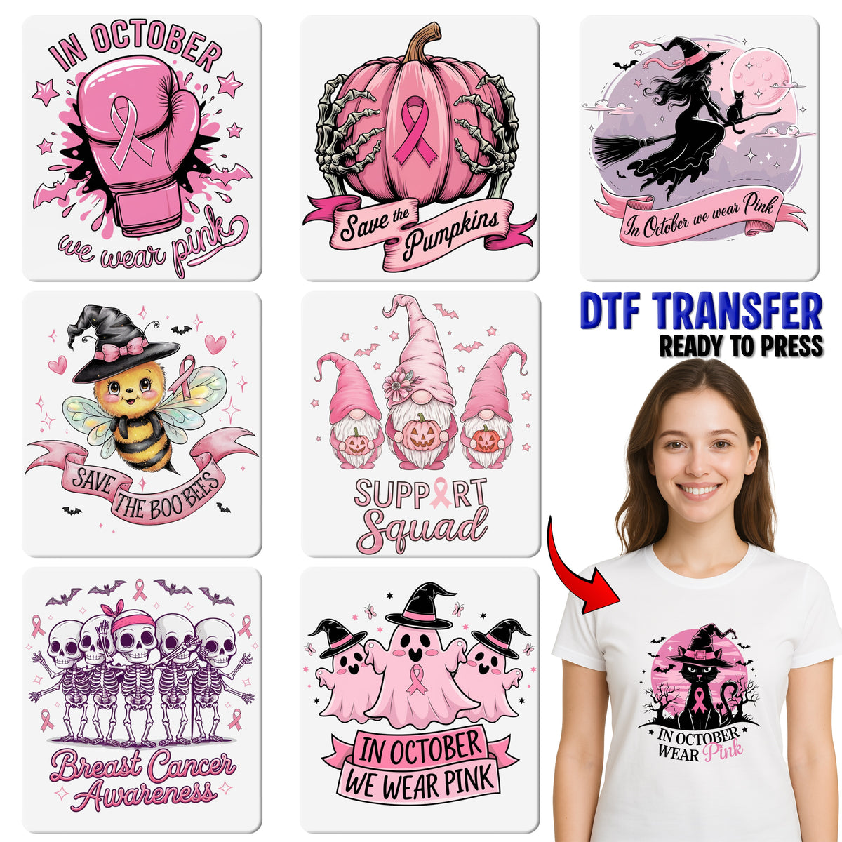 Funny Halloween Pink Pumpkin DTF Transfer Iron-On for Breast Cancer Awareness Shirt Women Save the Pumpkins Tee