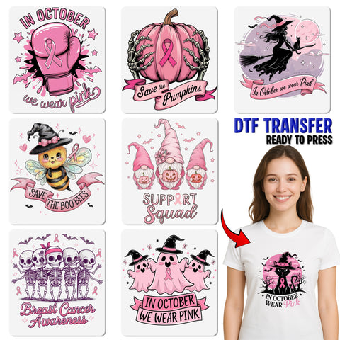 Funny Halloween Pink Pumpkin DTF Transfer Iron-On for Breast Cancer Awareness Shirt Women Save the Pumpkins Tee