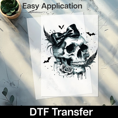 Gothic Skull with Roses & Bows DTF Transfer | Halloween Iron-On for Alternative Fashion Apparel