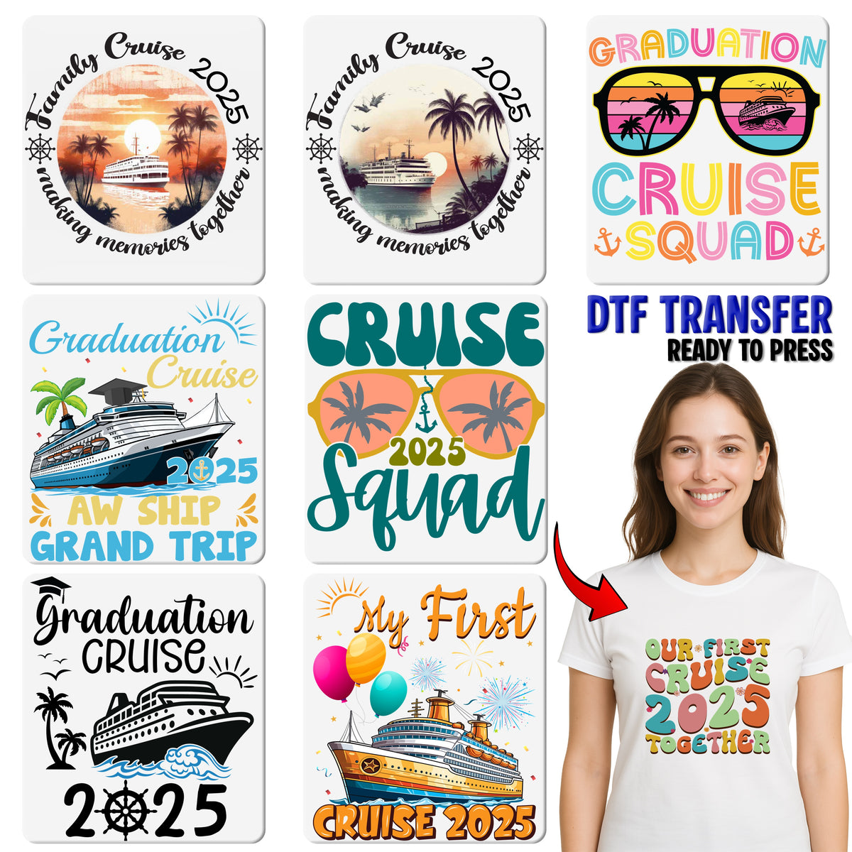 Nautical Family Cruise DTF Transfer for Travel Apparel, Ready to Press Vintage Sunset Palm Tee for Vacationers & Adventure Seekers