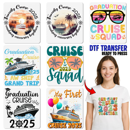 Nautical Family Cruise DTF Transfer for Travel Apparel, Ready to Press Vintage Sunset Palm Tee for Vacationers & Adventure Seekers