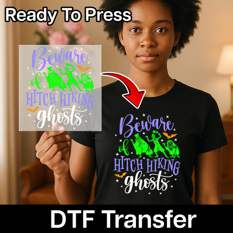 Iron-On Funny Halloween Hitchhiking Ghosts DTF Transfer for Group T-Shirts, Ready to Press Retro Spooky Apparel