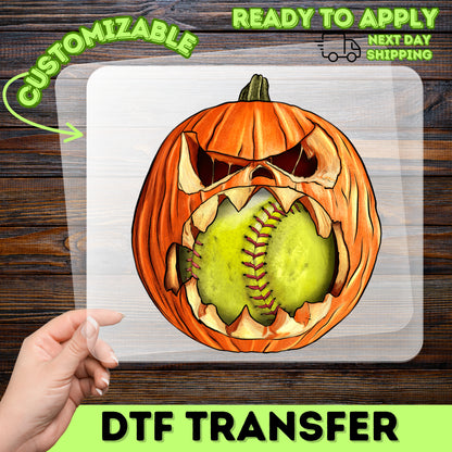 Iron-On Halloween Pumpkin Softball DTF Transfer for Spooky Sports Shirt Ready To Press for Halloween Team Apparel