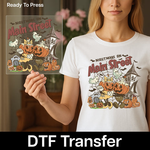 Retro Halloween DTF Transfer for T-Shirts - Cute Pumpkin Head & Spooky Cartoon Characters - Iron-On for Family Apparel