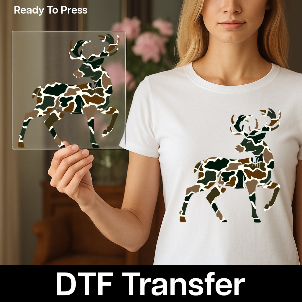 Camouflage Deer DTF Transfer for Outdoor Enthusiasts Shirt or Sweatshirt Rustic Nature Apparel
