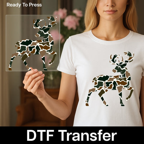 Camouflage Deer DTF Transfer for Outdoor Enthusiasts Shirt or Sweatshirt Rustic Nature Apparel