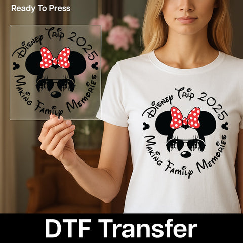 Cute Theme Park Adventure Mouse Bow Sunglasses DTF Transfer Ready To Press for Family & Friends Vacation T-Shirts