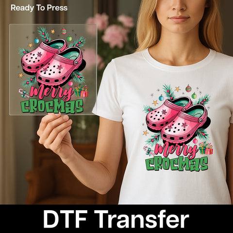 Merry Crocmas Funny Christmas DTF Transfer for Crocs Enthusiasts, Ready to Press Iron-On for T-Shirt Apparel