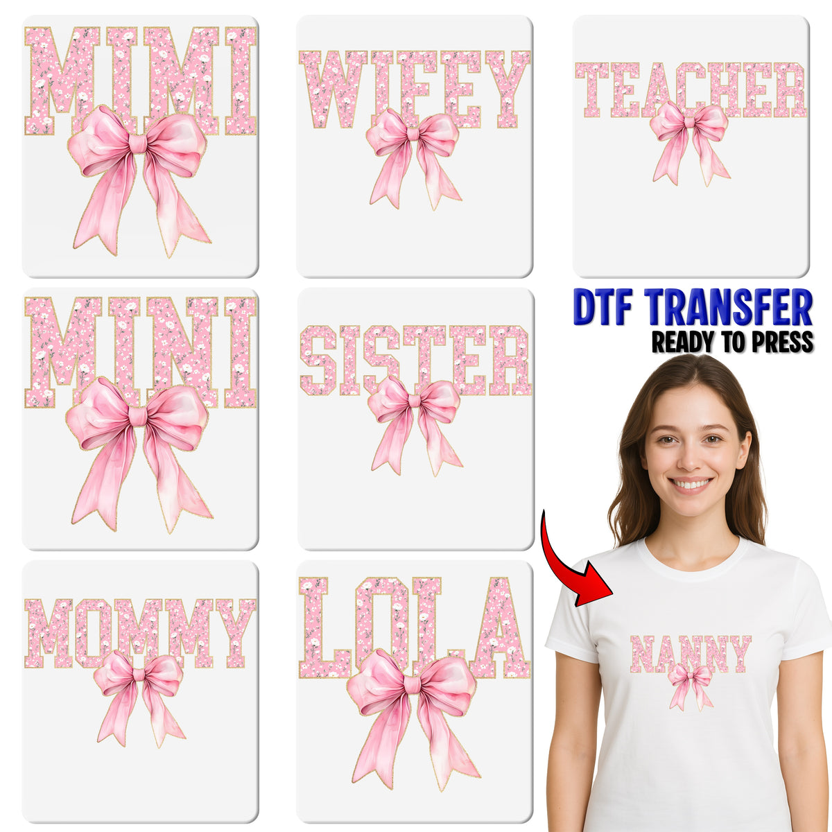 Cute Nanny DTF Transfer Floral Bow Design Ready To Press Iron-On Apparel Gift For Caregivers - Vintage Feminine Nanny Tee