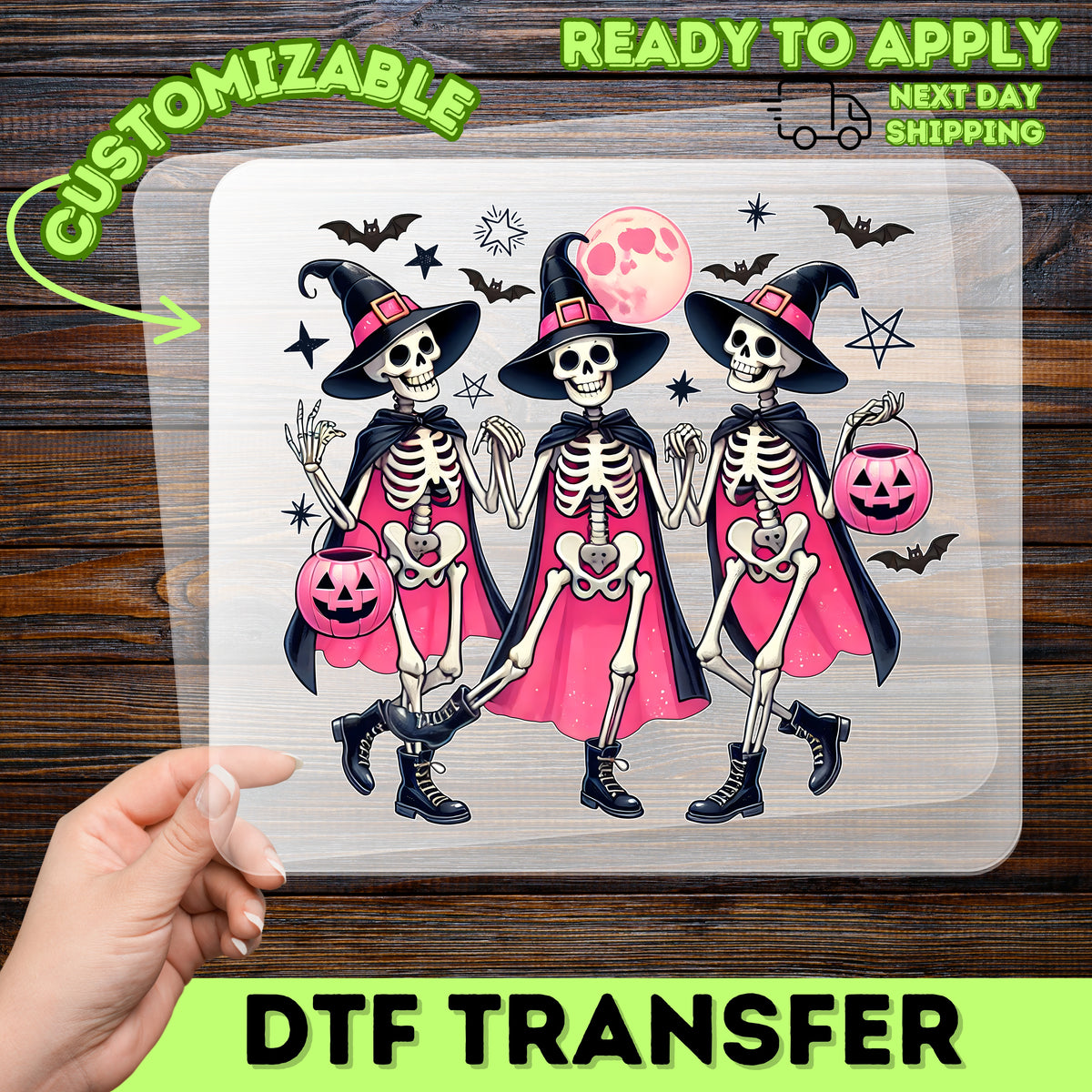 Cute Halloween Skeleton Witch DTF Transfer Iron-On for Group Costumes & Trick-or-Treat Apparel
