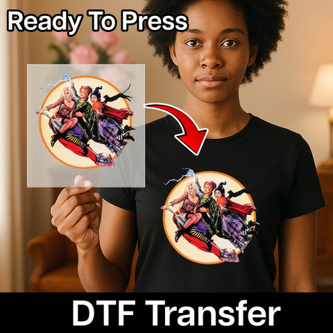 Funny Halloween Witches on Broomstick Retro DTF Transfer for Nostalgic Shirts & Apparel