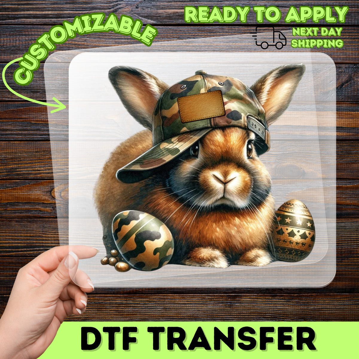 Cute Camo Easter Bunny DTF Transfer, Funny Rabbit Camouflage Design for Military Family T-Shirts & Hoodies
