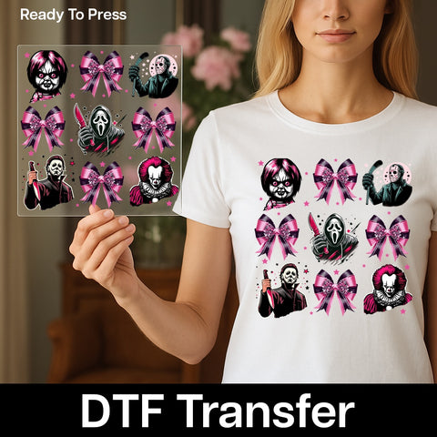 Spooky & Cute Halloween Horror DTF Transfer with Pink Bow Design for Women's Apparel - Ready to Press Iron-On