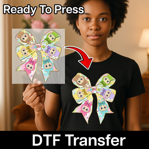 Cute Kawaii Monster Bow Iron-On DTF Transfer for Family Matching Shirts, Kids Birthday Party Apparel