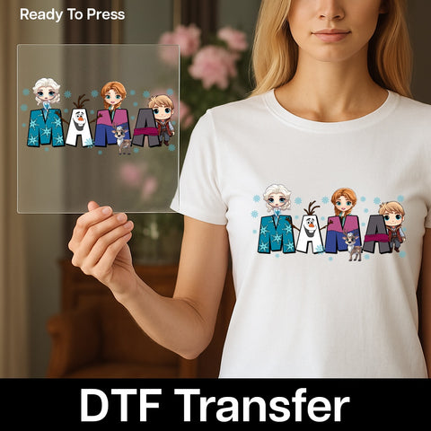 Frozen Inspired Cute Mama DTF Transfer for Family T-Shirt Ready to Press Ice Princess Chibi Style for Moms & Kids Apparel