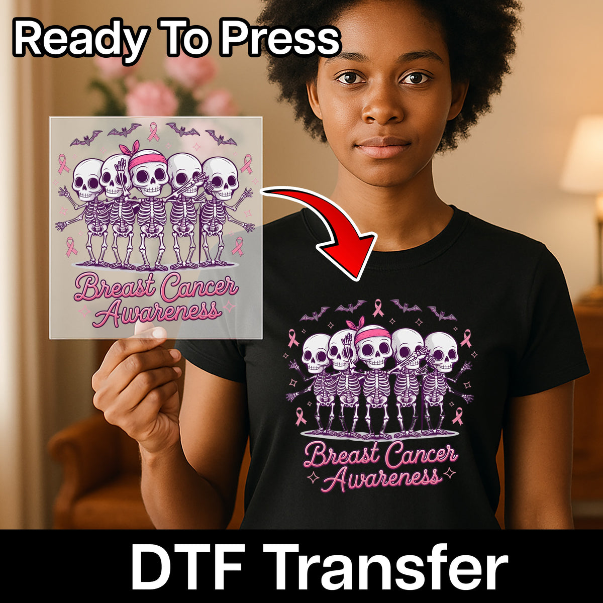 Cute Ready To Press Halloween & Breast Cancer Awareness DTF Transfer for T-shirts - Pink Skeletons & Ribbons