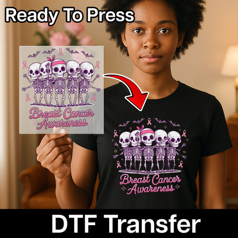 Cute Ready To Press Halloween & Breast Cancer Awareness DTF Transfer for T-shirts - Pink Skeletons & Ribbons